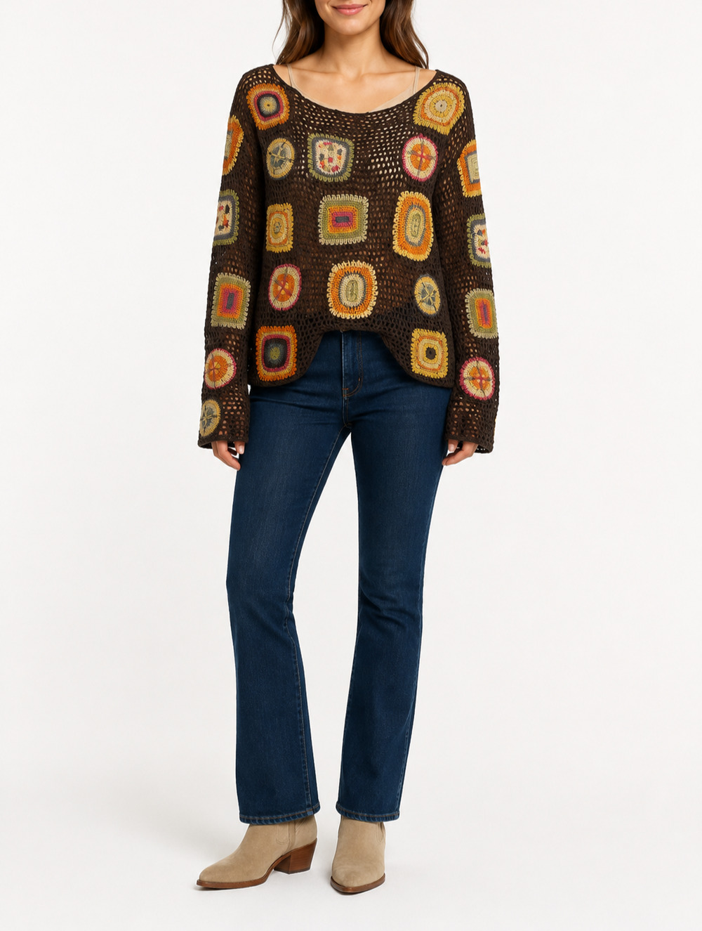 free People Dahlia Crochet Sweater M Brown Granny Square Patchwork Boho Cotton
